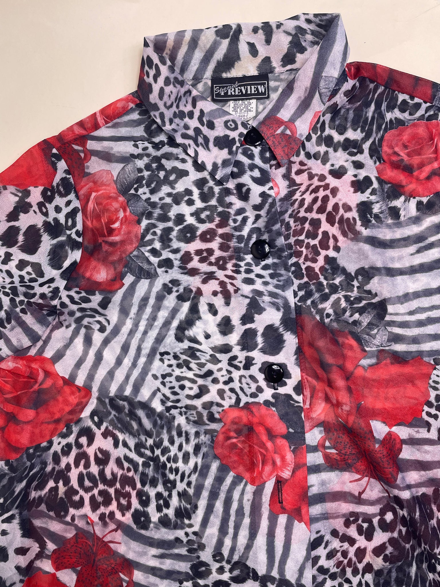 90s leopard and floral print button up, Size Mens L