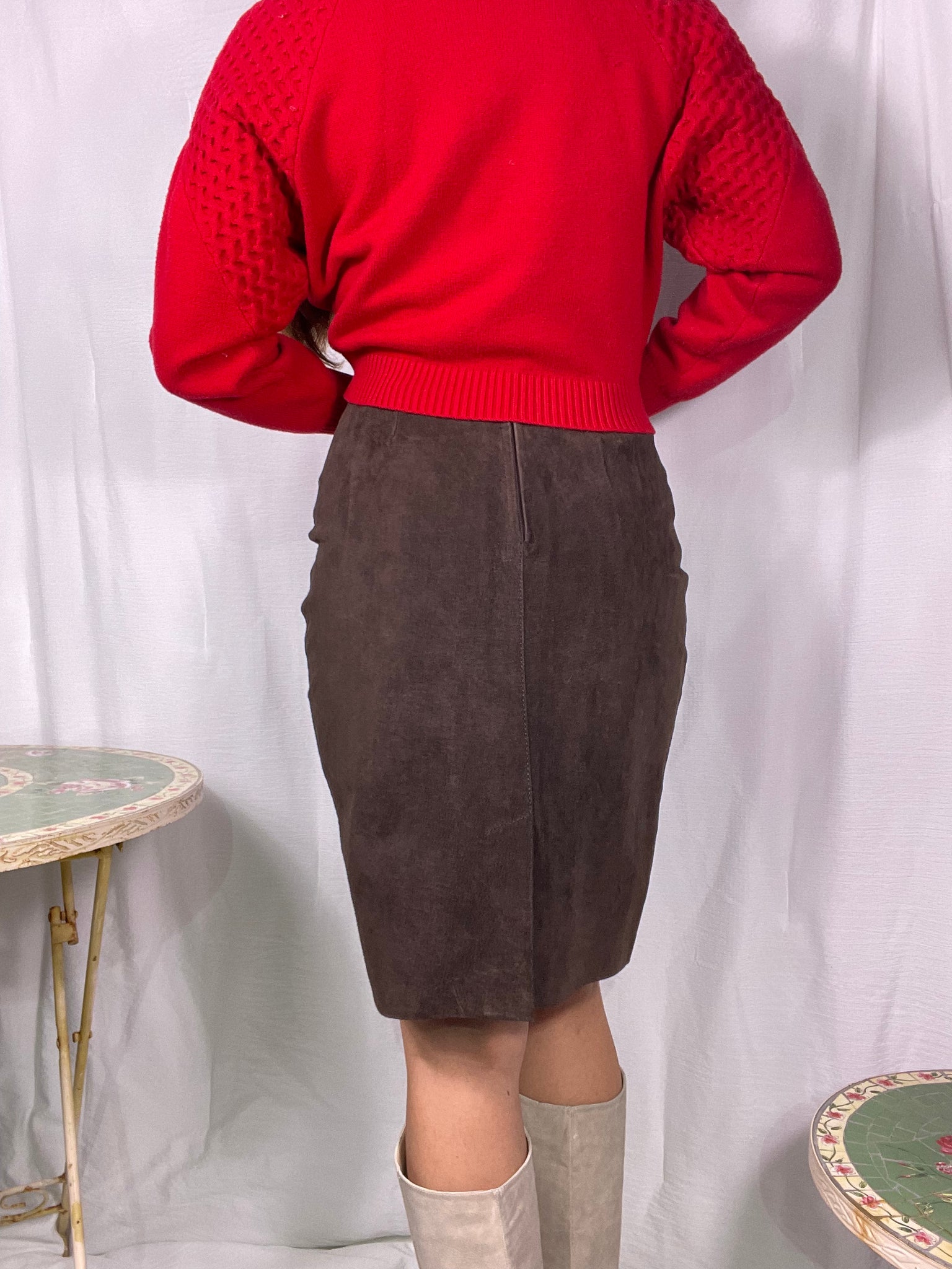 80s brown suede knee length skirt, Size S