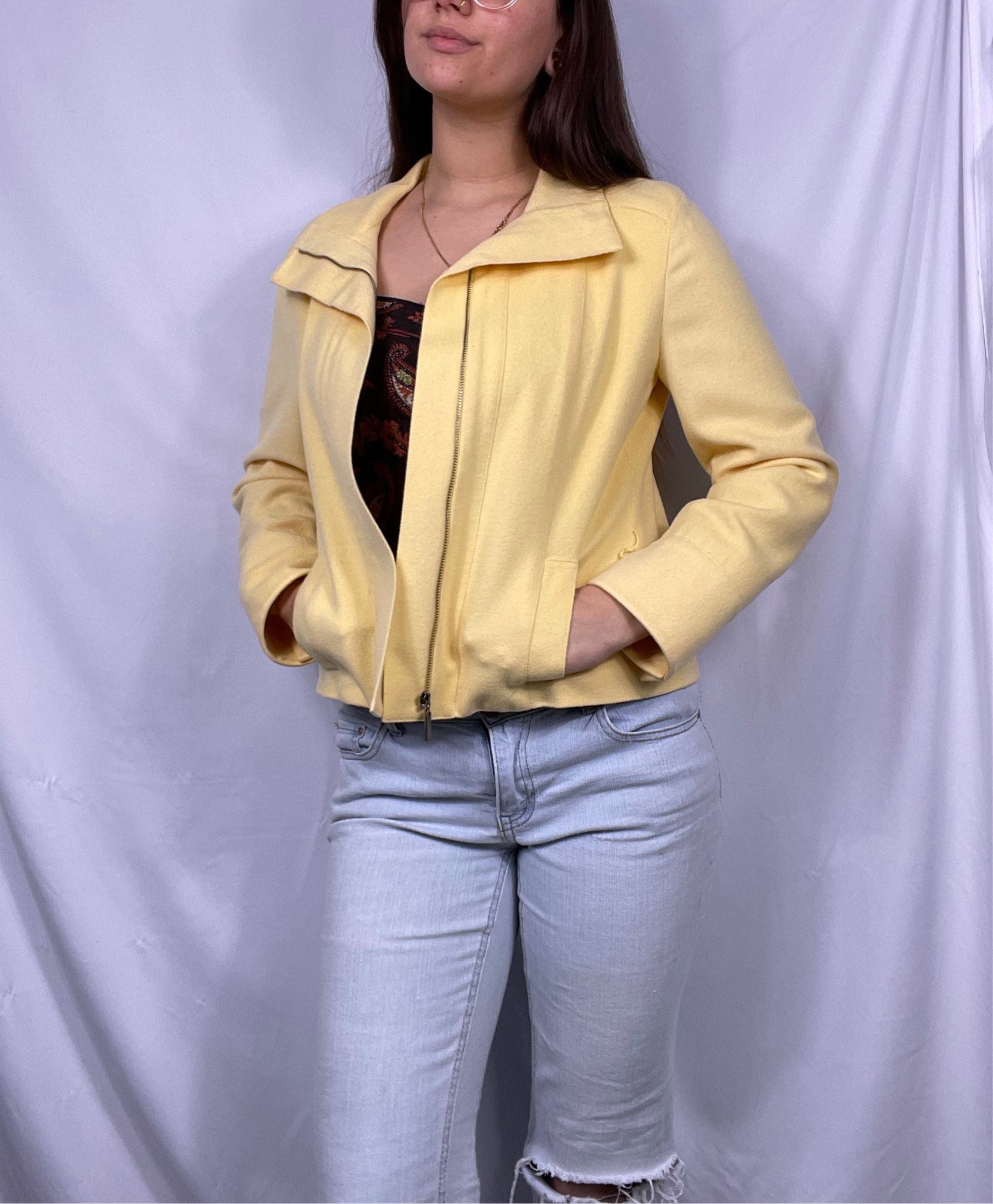 80s yellow wool cropped jacket, Size 6